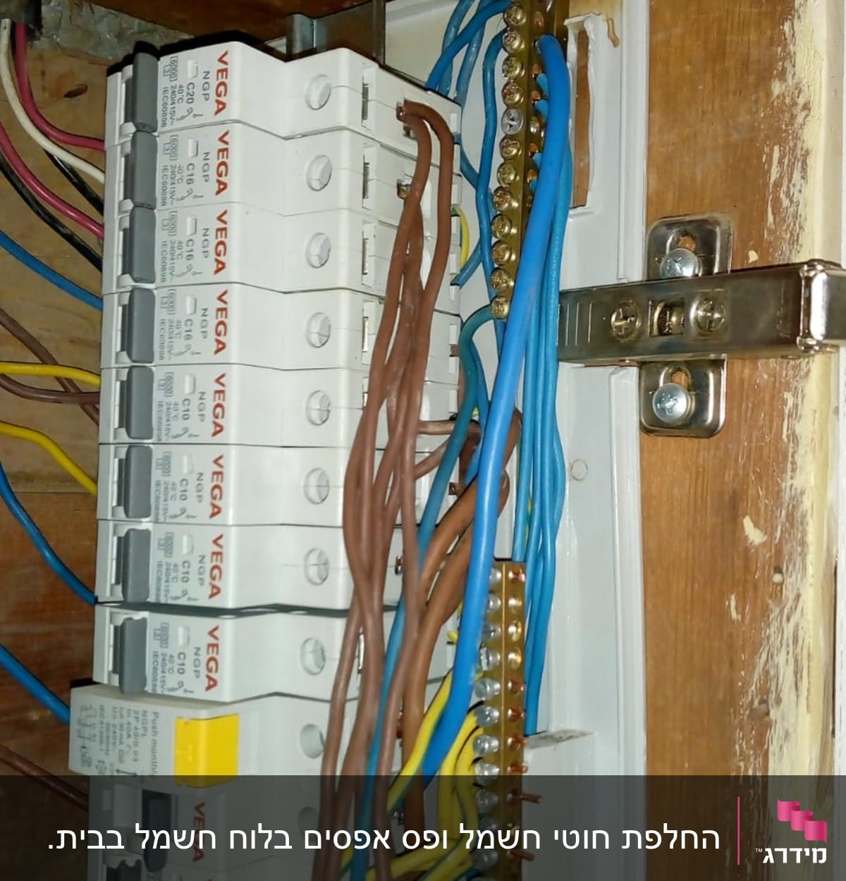 לוח חשמל עם חוטים צבעוניים ומפסקים